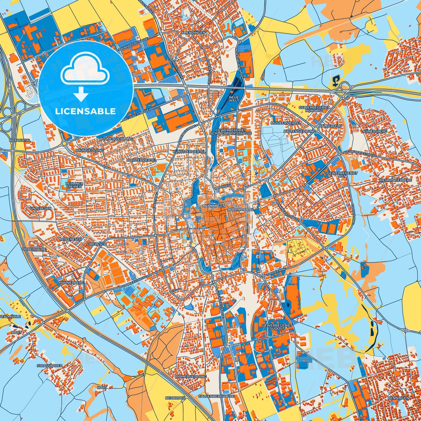 Colorful Memmingen Street Map with Labels and Buildings