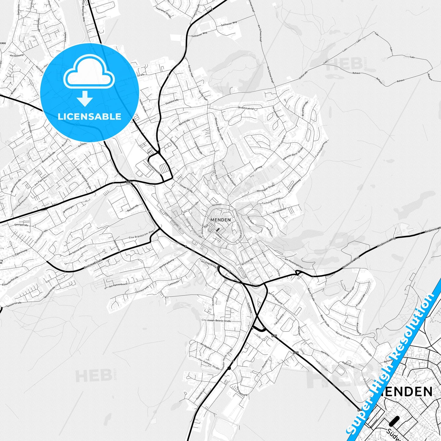 Menden (Sauerland), Germany Light Map with Street Names, City Names, and Districts