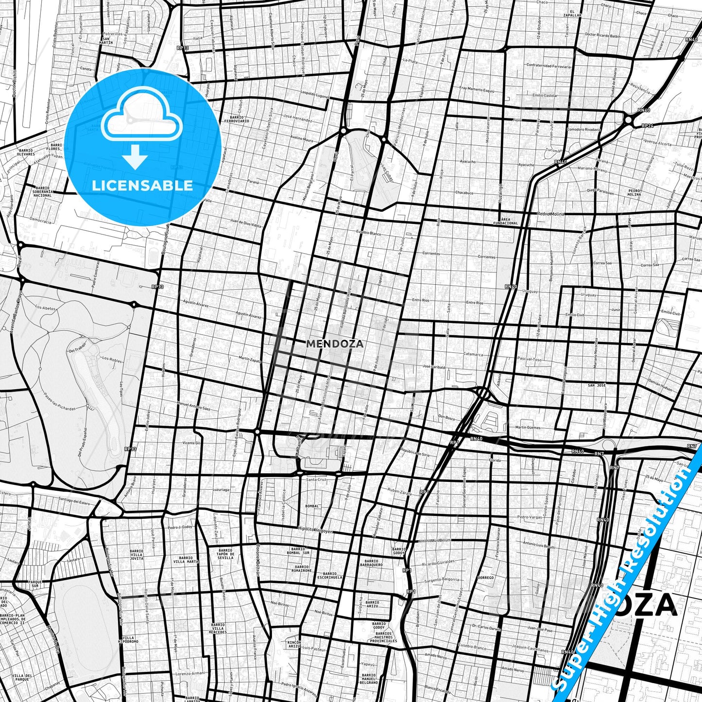 Mendoza, Argentina Light Map with Street Names, City Names, and Districts