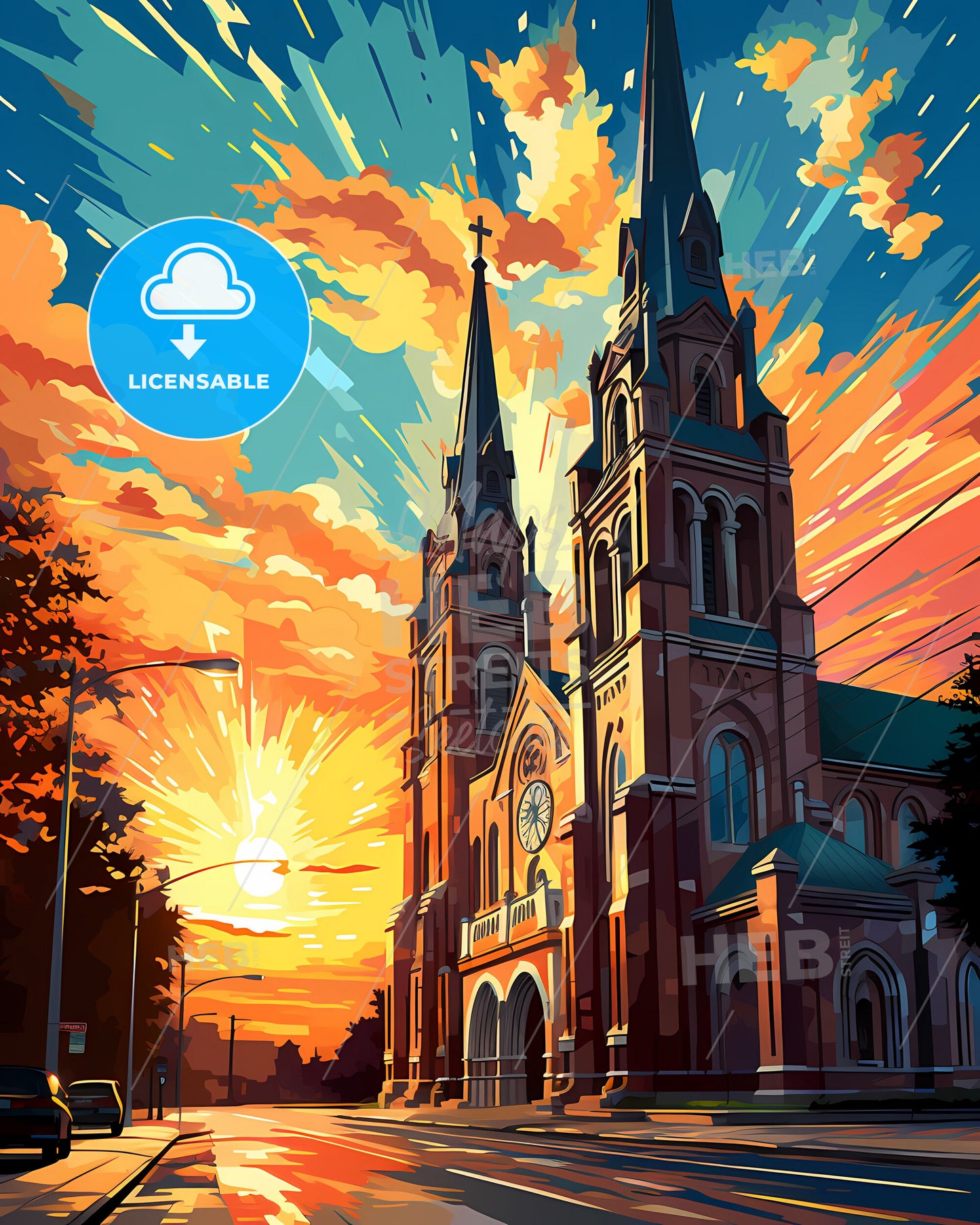 Vibrant Mendoza Argentina Skyline Colorful Clock Church Painting Art