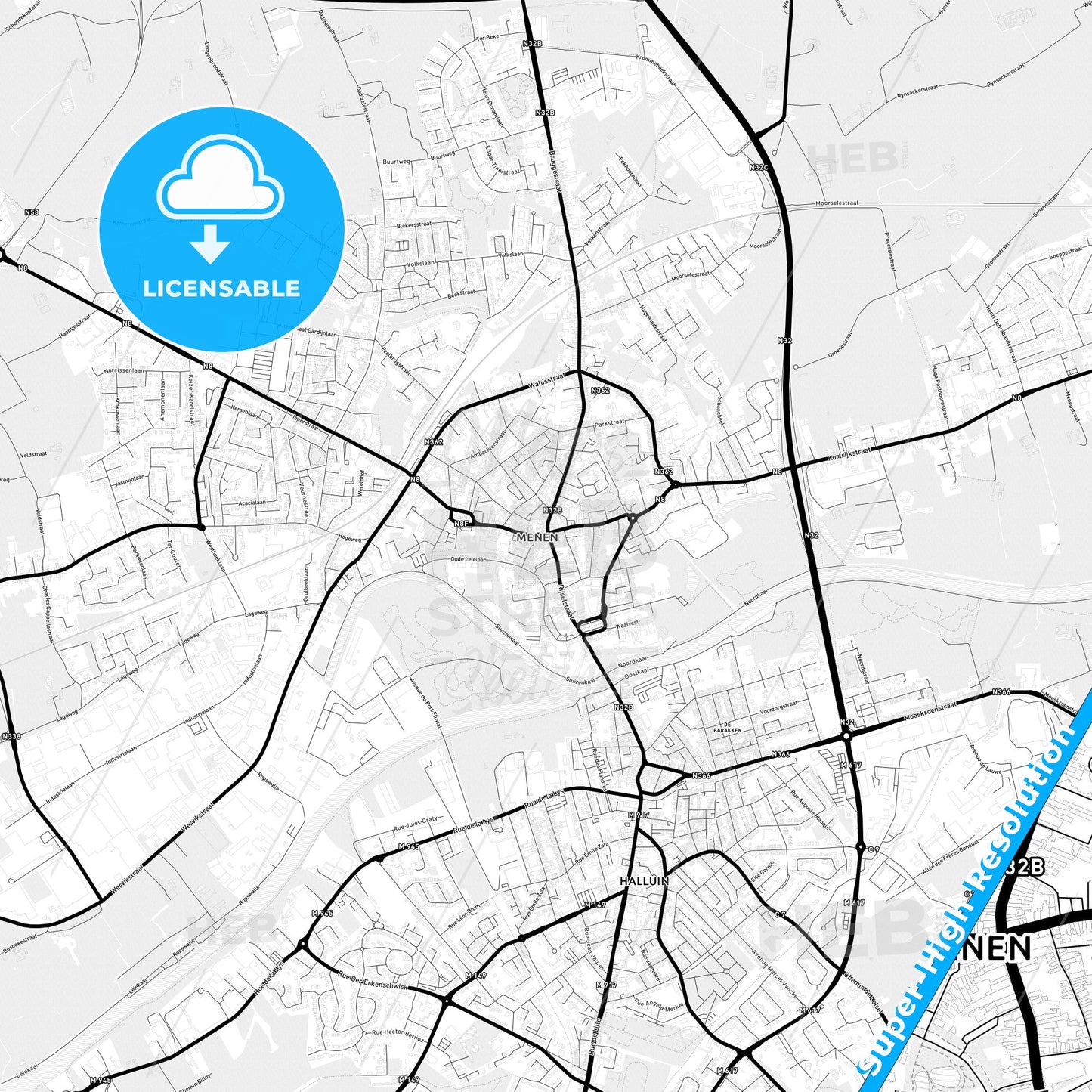 Menen, Belgium Light Map with Street Names, City Names, and Districts