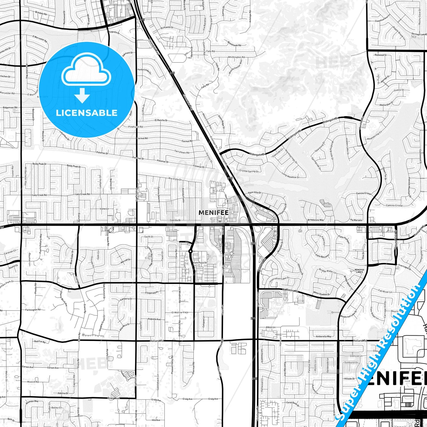 Menifee, California Light Map with Street Names, City Names, and Districts