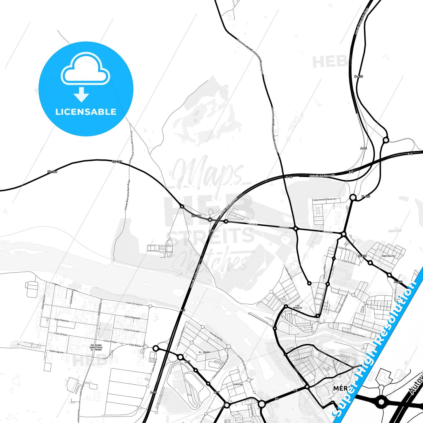 Mérida, Spain Light Map with Street Names, City Names, and Districts