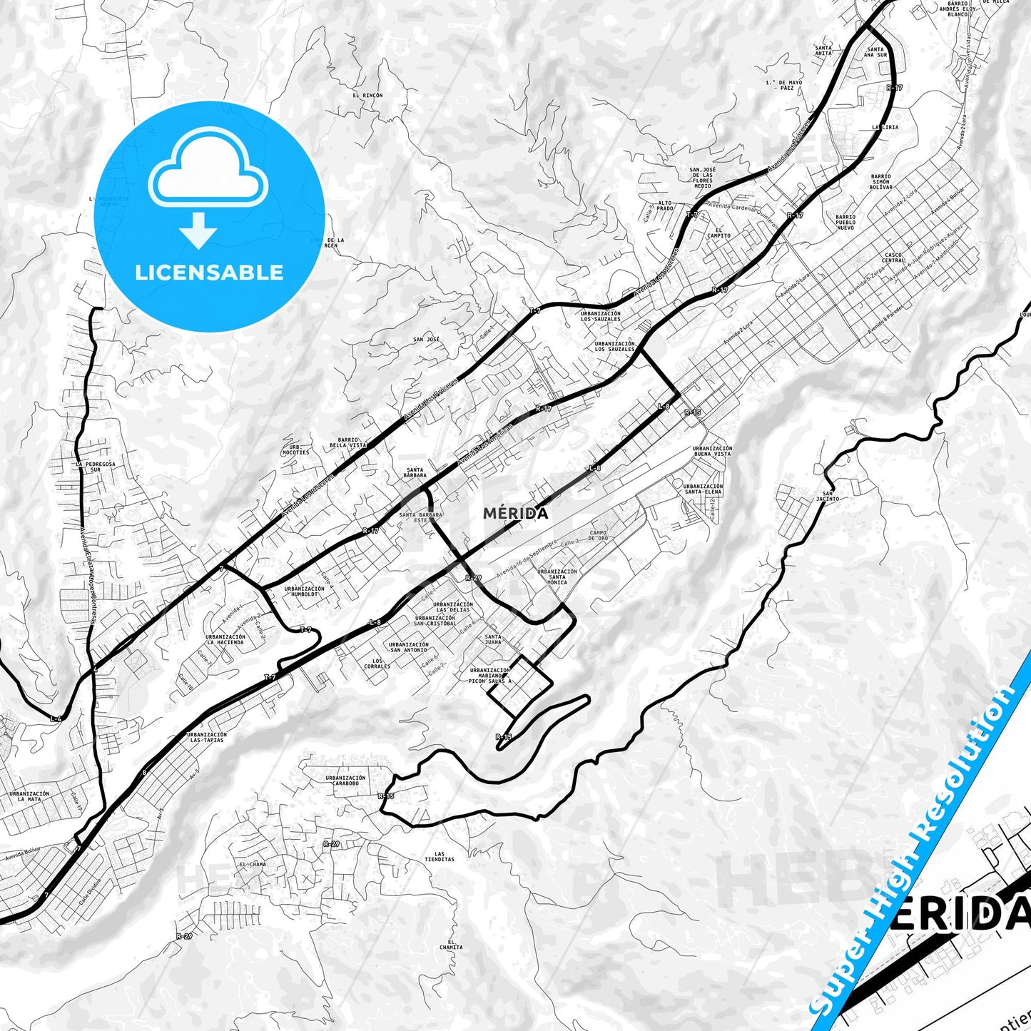 Merida, Venezuela Light Map with Street Names, City Names, and Districts