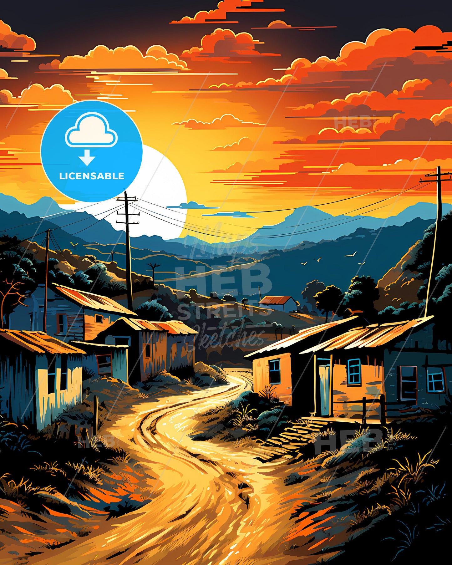 Colorful Village Landscape Painting: Merida Venezuela Skyline Road Mountains