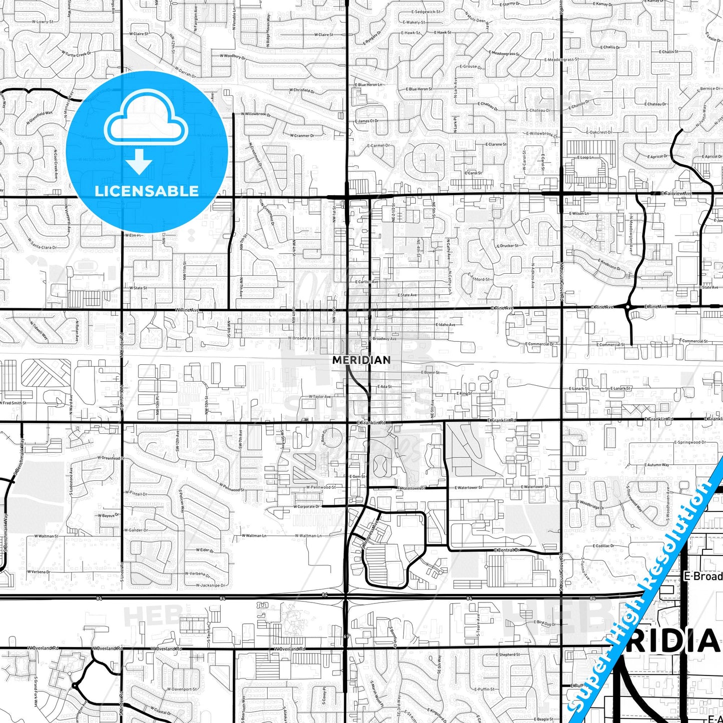 Meridian, Idaho Light Map with Street Names, City Names, and Districts