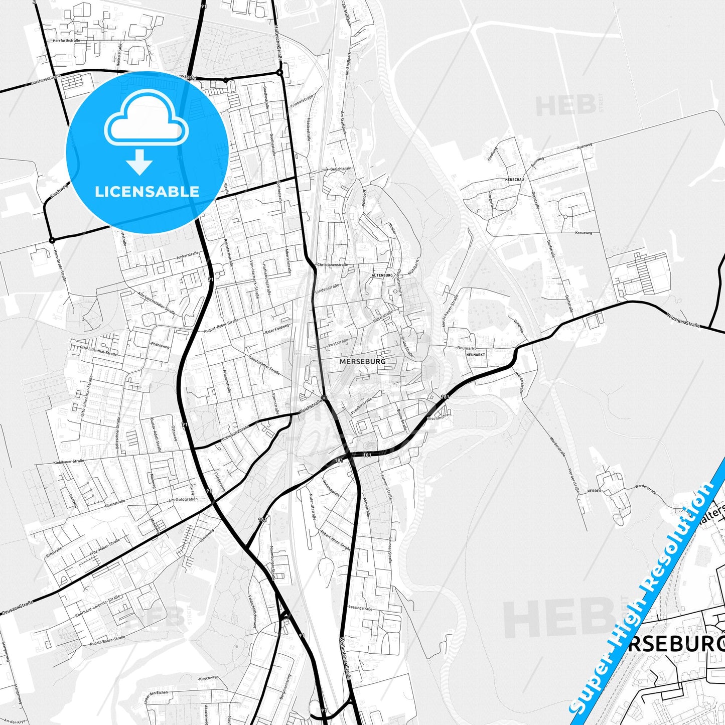 Merseburg, Germany Light Map with Street Names, City Names, and Districts