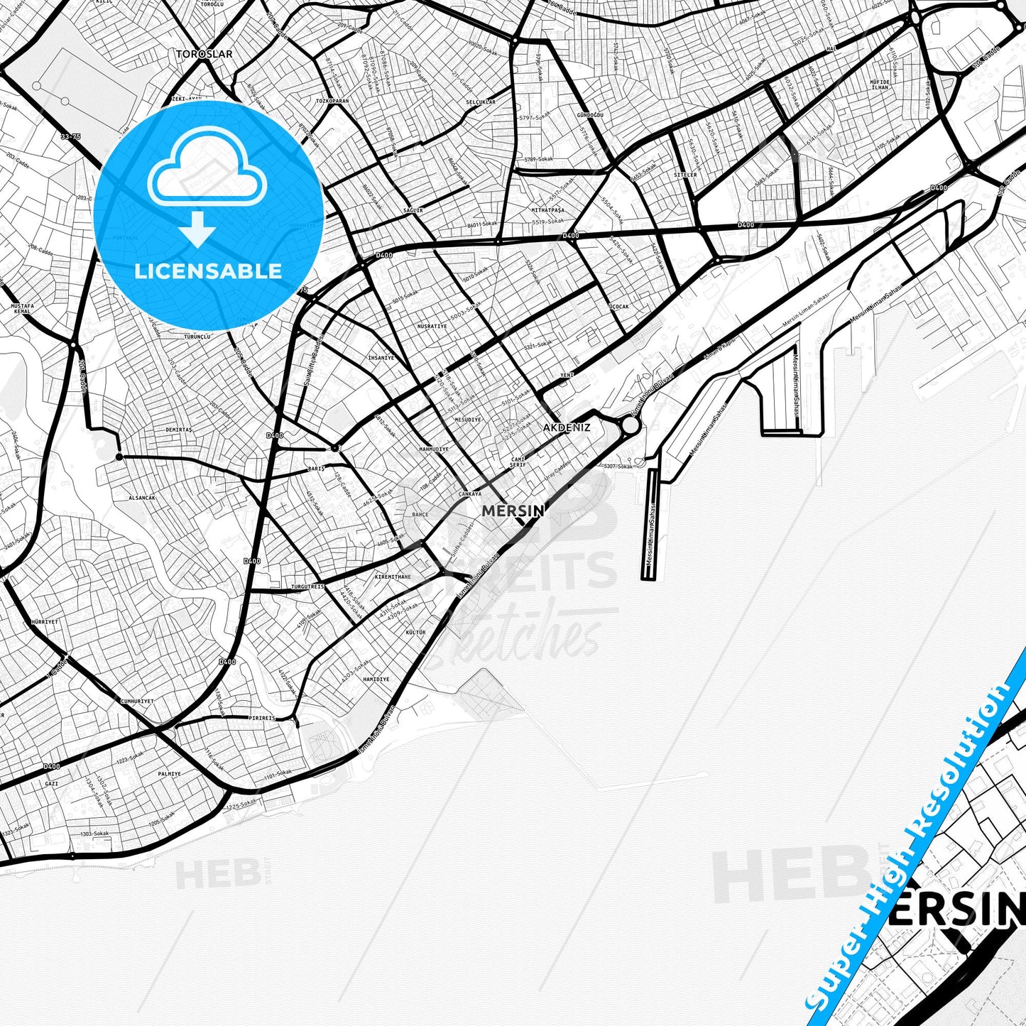 Mersin, Turkey Light Map with Street Names, City Names, and Districts