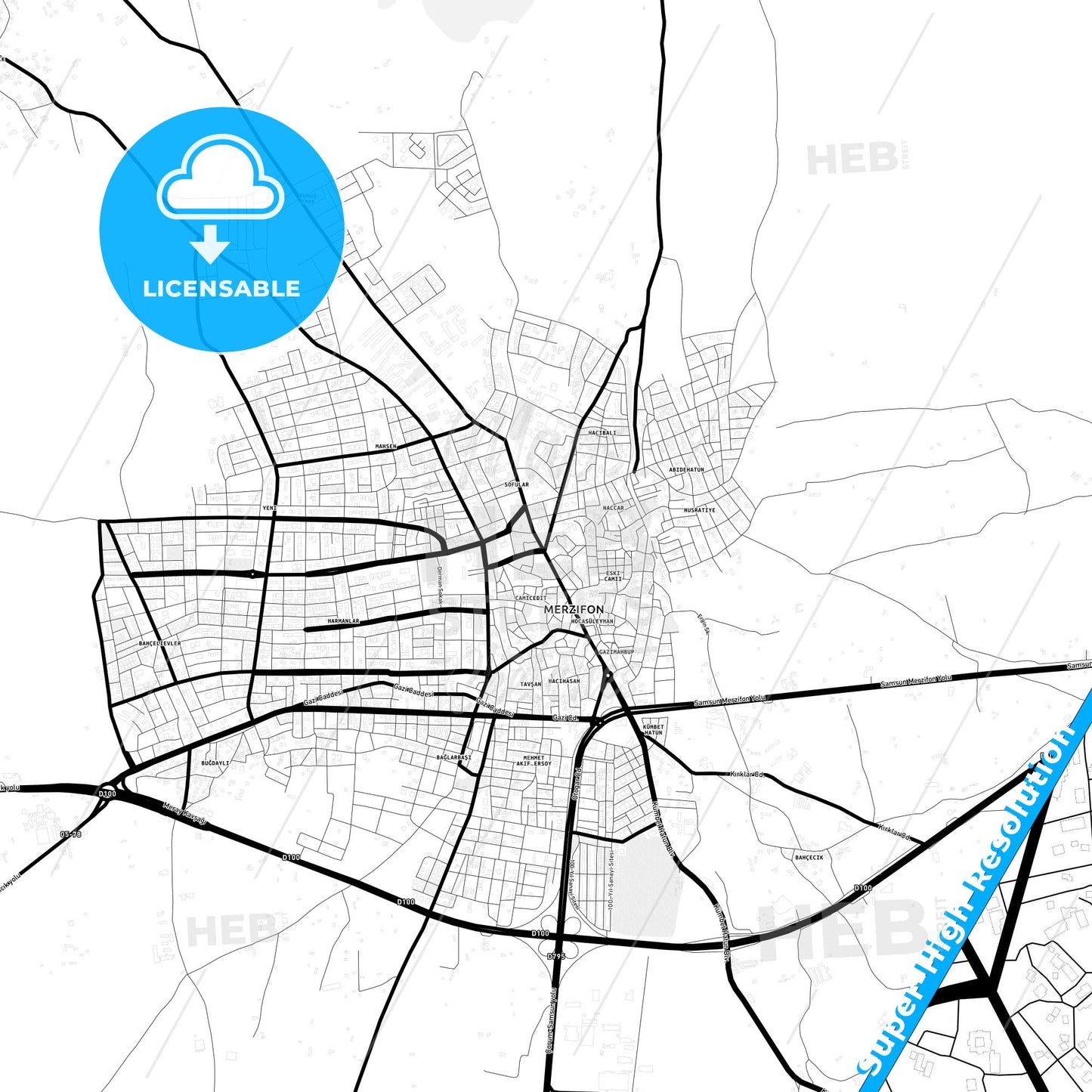 Merzifon, Turkey Light Map with Street Names, City Names, and Districts