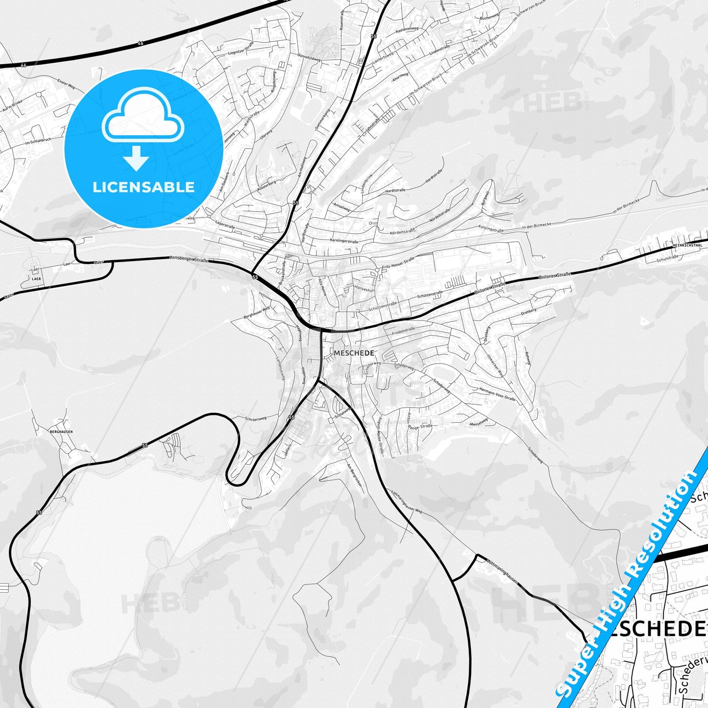 Meschede, Germany Light Map with Street Names, City Names, and Districts