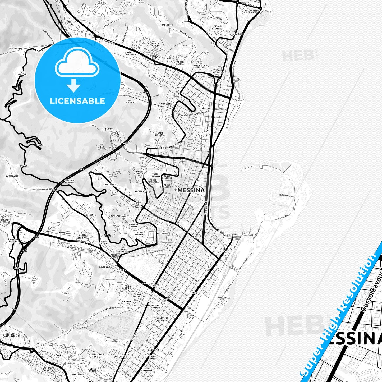 Messina, Italy Light Map with Street Names, City Names, and Districts