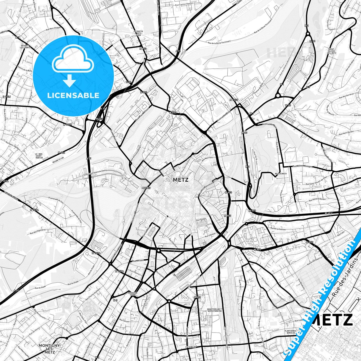 Metz, France Light Map with Street Names, City Names, and Districts