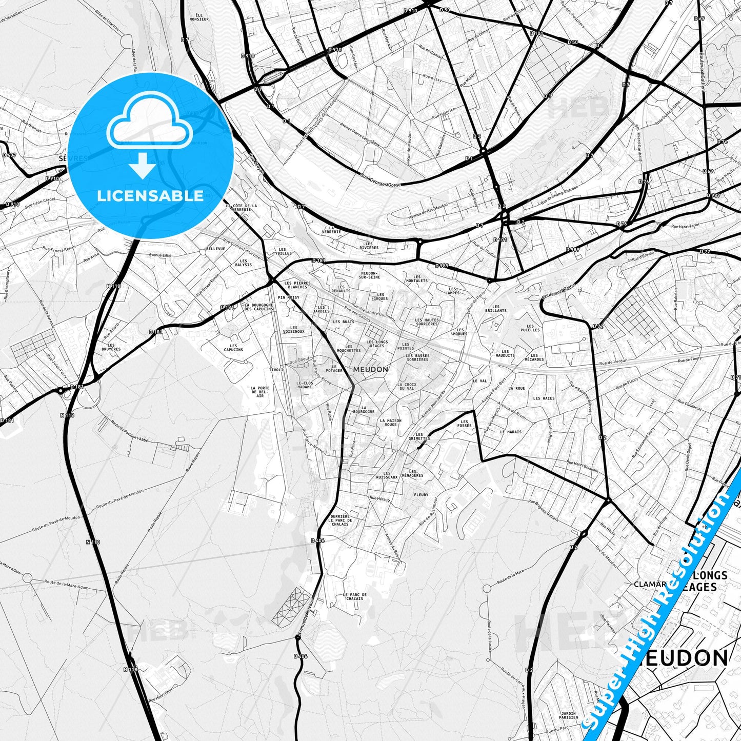 Meudon, France Light Map with Street Names, City Names, and Districts