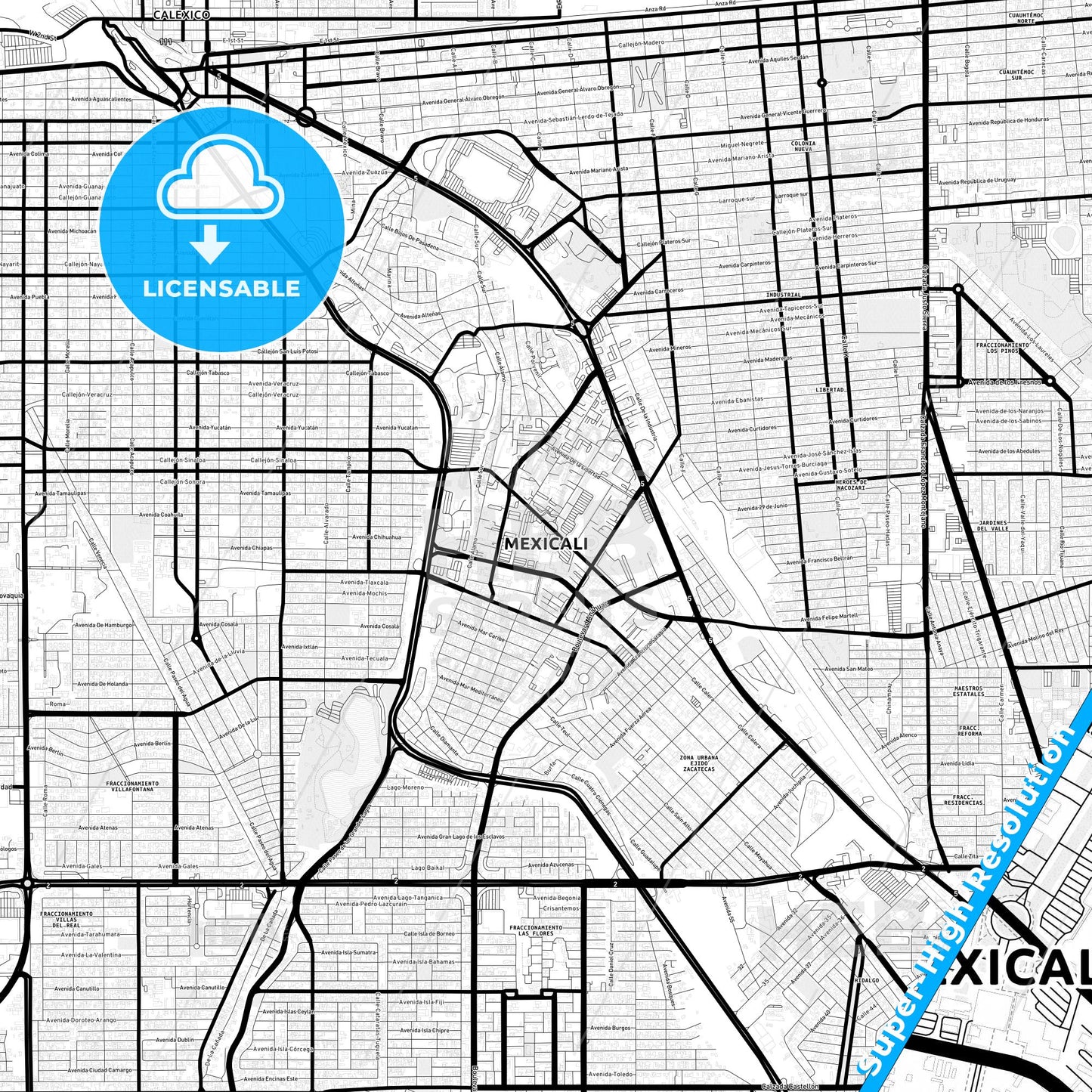 Mexicali, Mexico Light Map with Street Names, City Names, and Districts