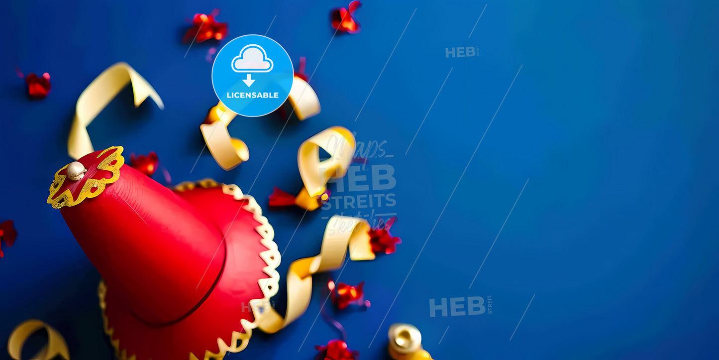 Cinematic Vibrant Cinco de Mayo Fondo Pintura, Azul, Rojo, Amarillo, Sombrero, Serpentinas, Copy Space