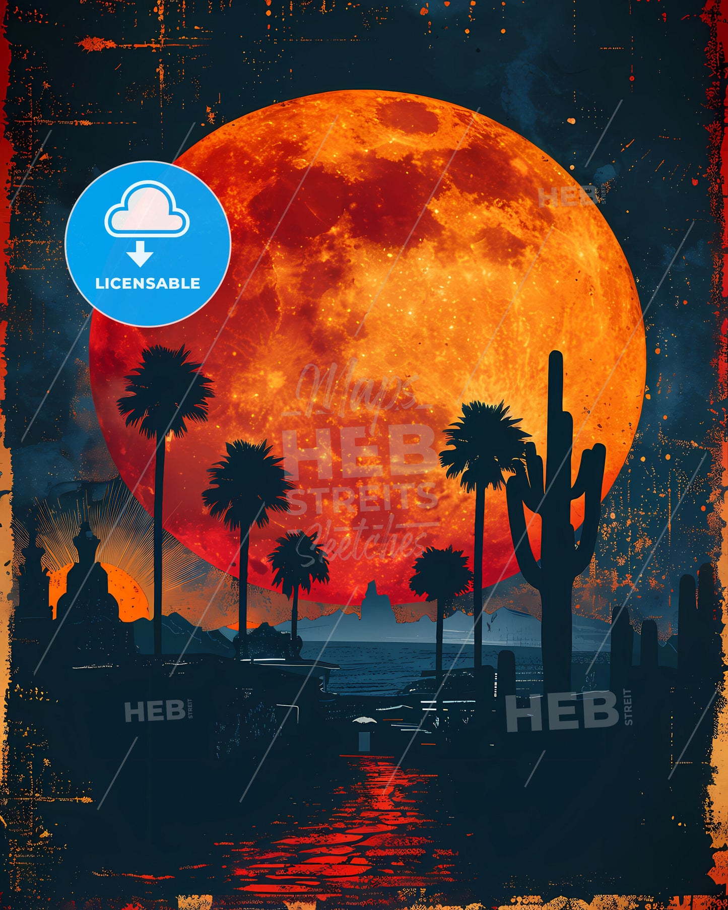 Vibrant Painting: Red Moon Over City, Mexico, North America (Keywords: painting, art, moon, city, Mexico, North America)