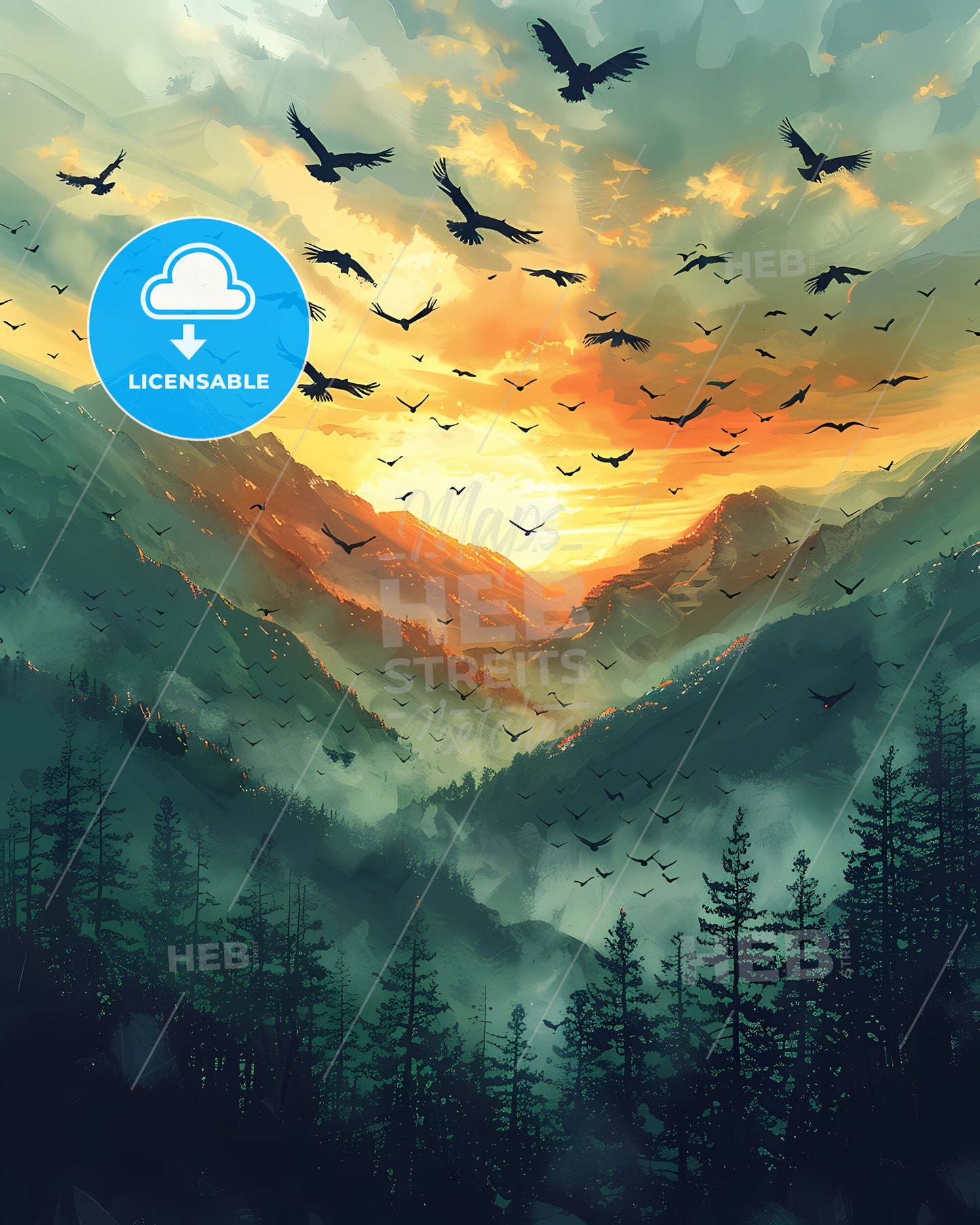 Vibrant Mexican painting depicting a flock of birds soaring over majestic mountains in North America