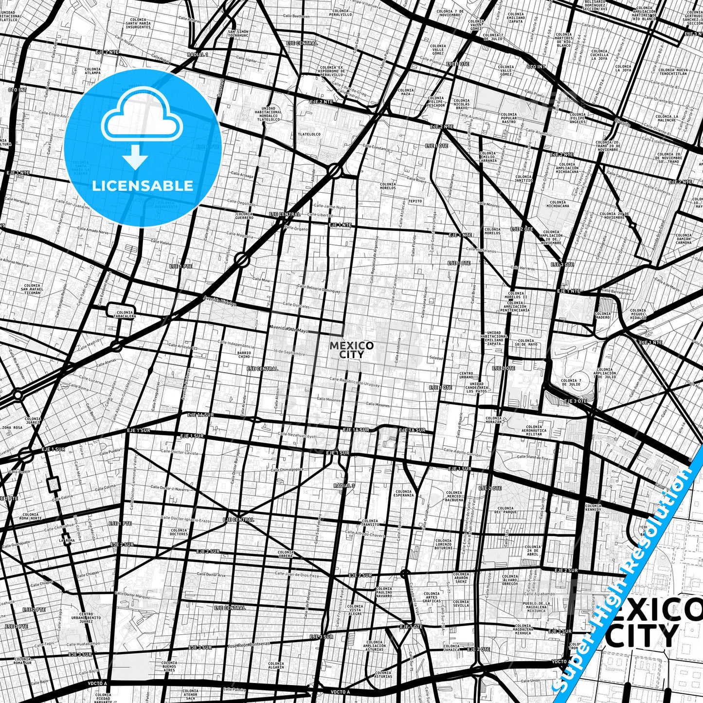 Mexico City, Mexico Light Map with Street Names, City Names, and Districts