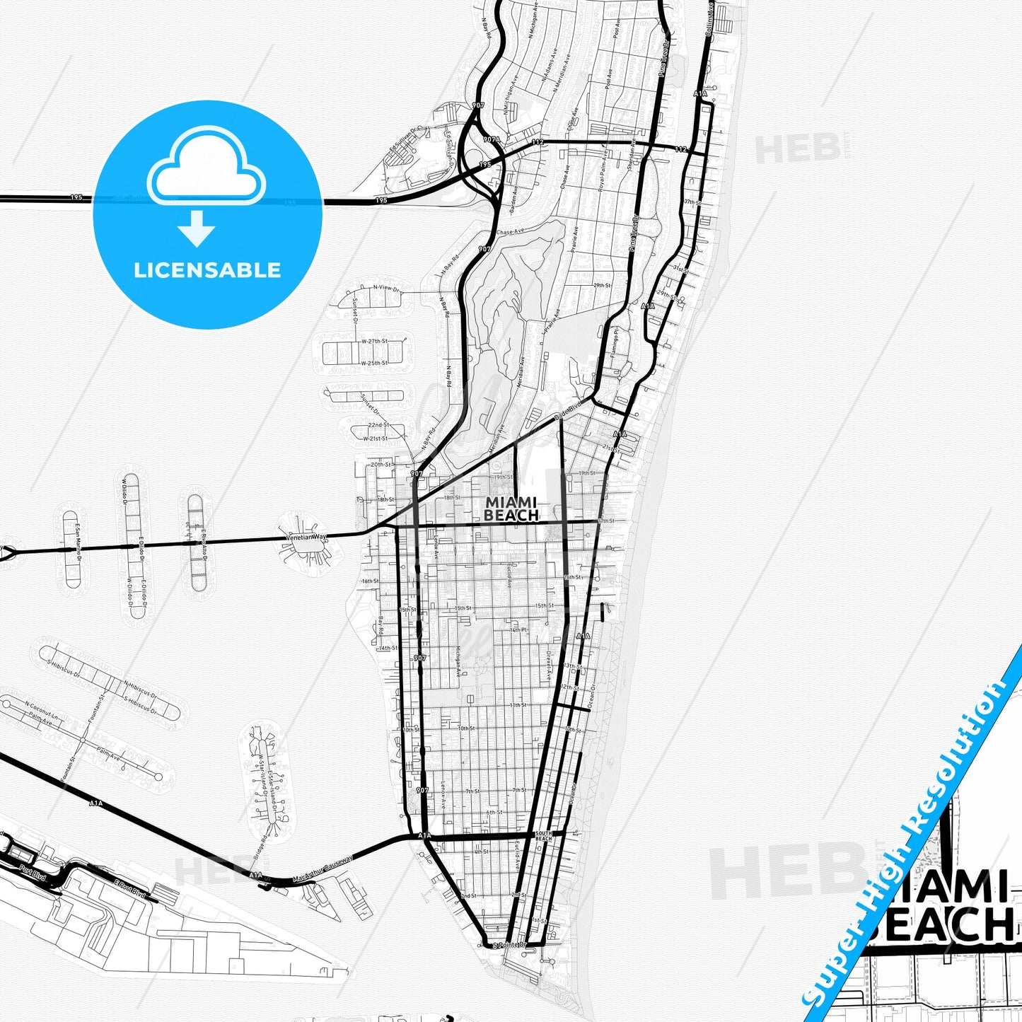 Miami Beach, Florida Light Map with Street Names, City Names, and Districts