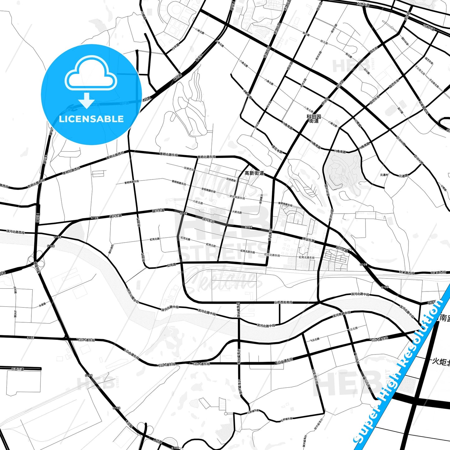 Mianyang, China Light Map with Street Names, City Names, and Districts