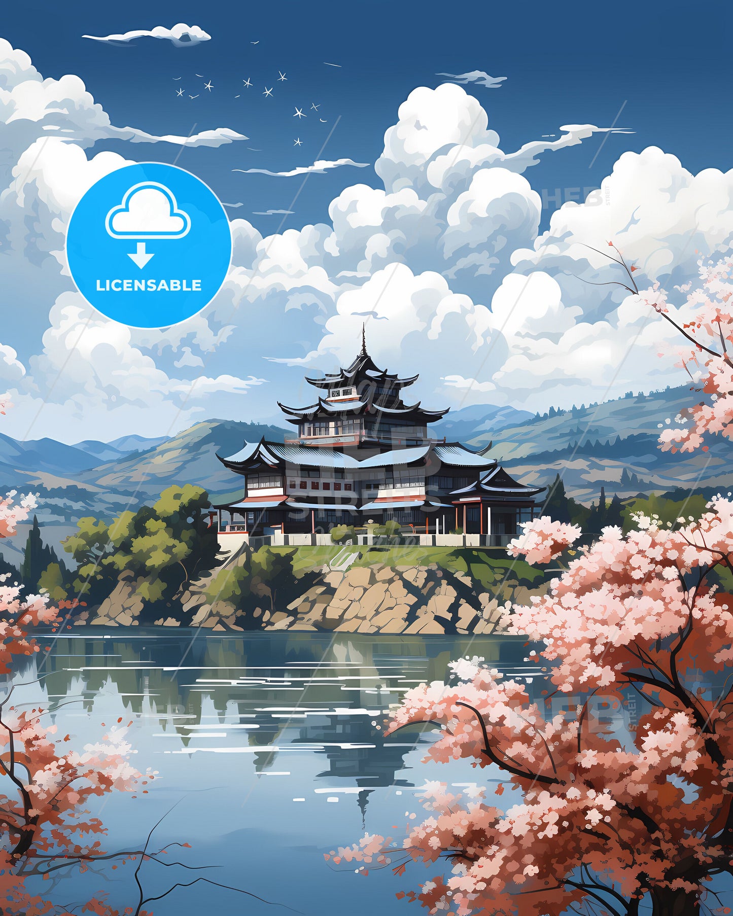 Vibrant Painting of Mianyang China Skyline Depicting Building on Hill Surrounded by Water and Trees