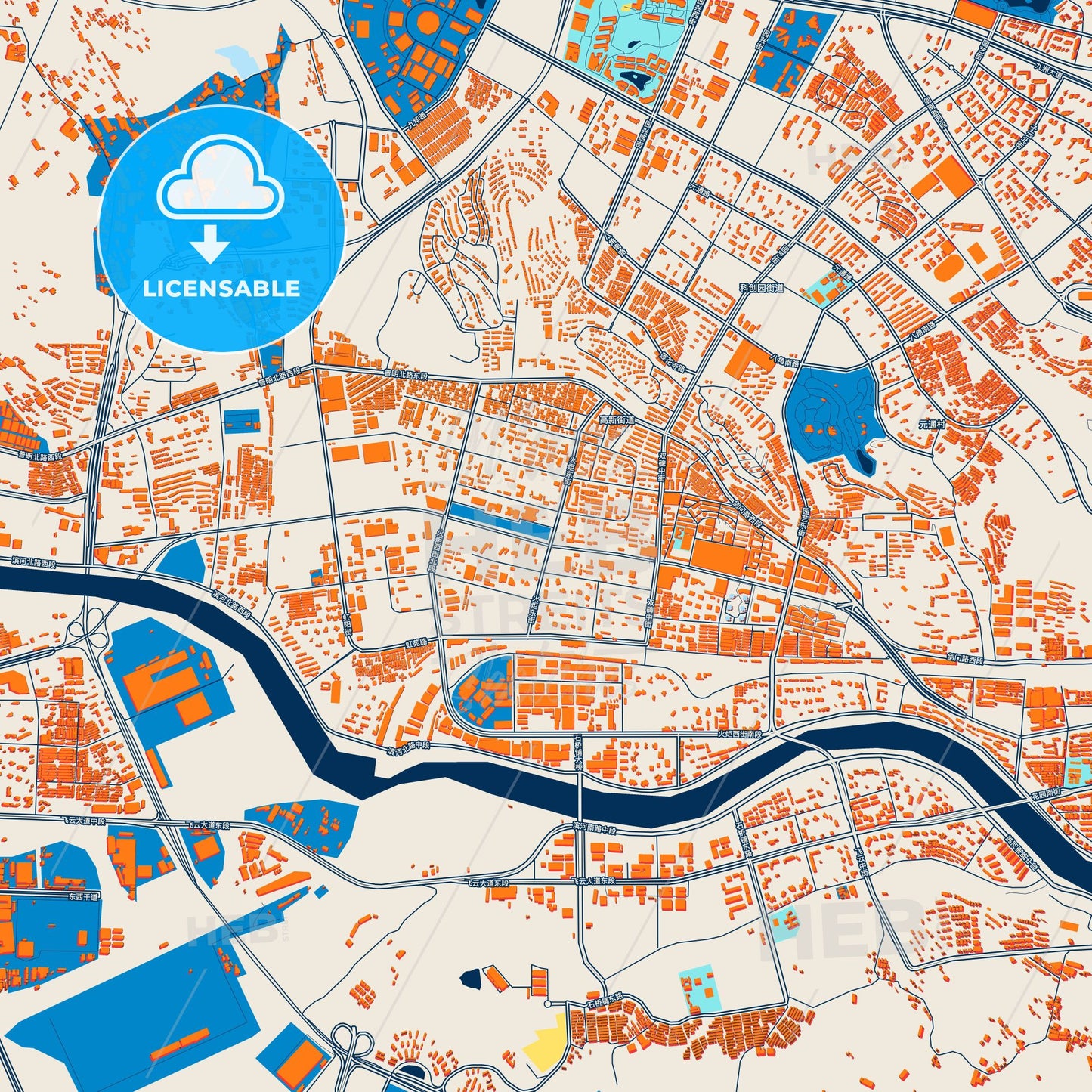 Colorful Mianyang Street Map with Labels and Buildings