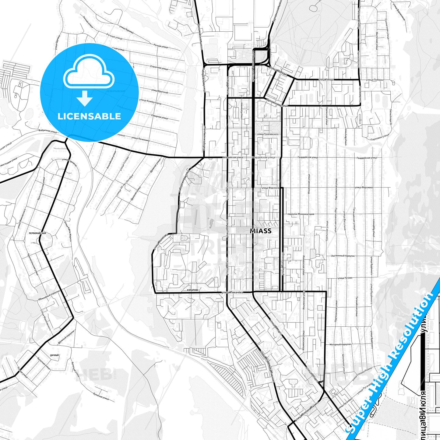 Miass, Russia Light Map with Street Names, City Names, and Districts