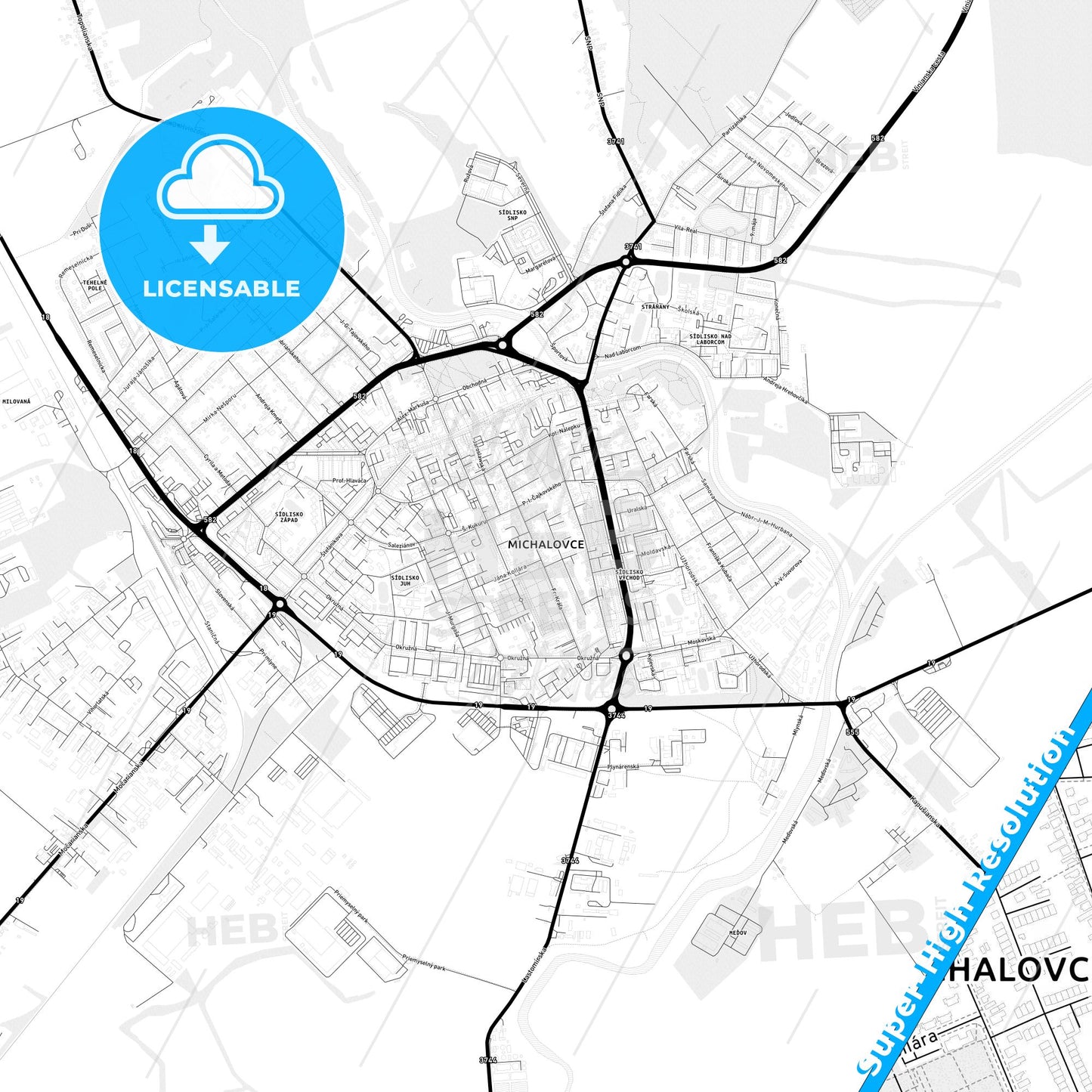 Michalovce, Slovakia Light Map with Street Names, City Names, and Districts