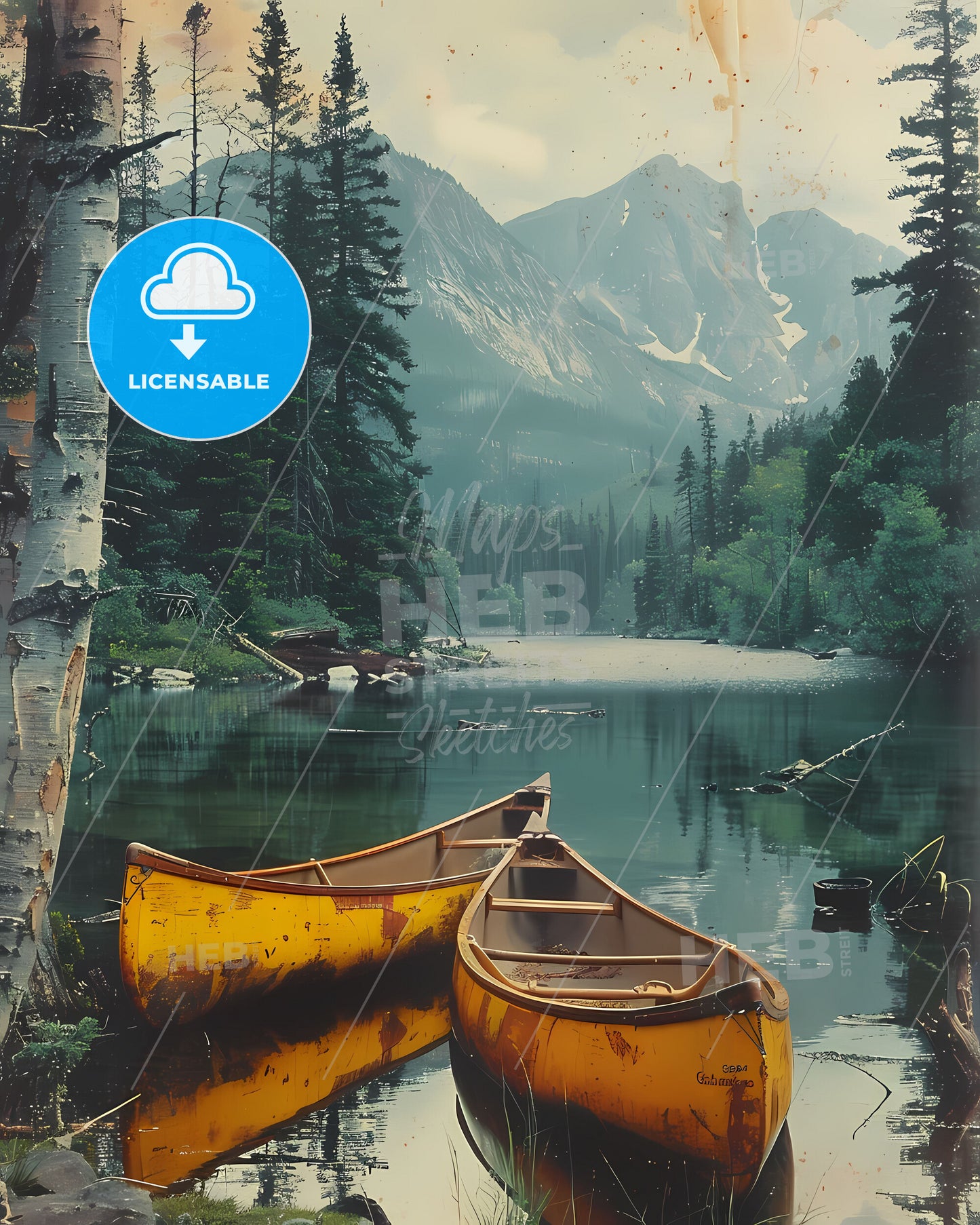 Vibrant Art Depiction of Canoes on a Serene Michigan Lake