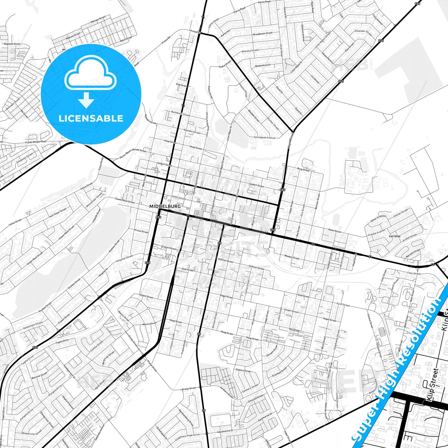 Middelburg, South Africa Light Map with Street Names, City Names, and Districts