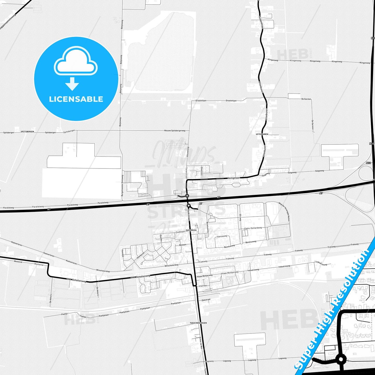 Midden-Groningen, Netherlands Light Map with Street Names, City Names, and Districts