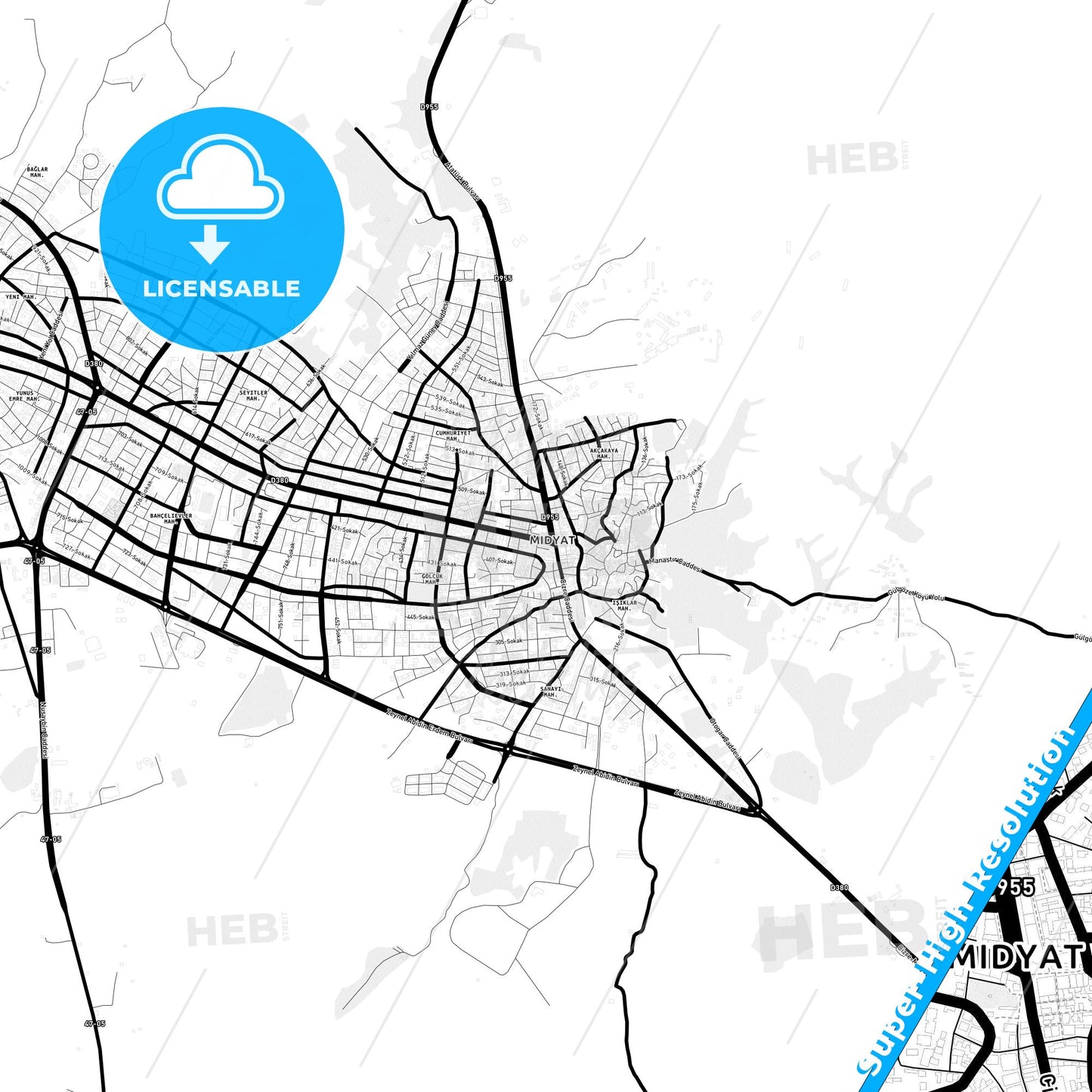 Midyat, Turkey Light Map with Street Names, City Names, and Districts