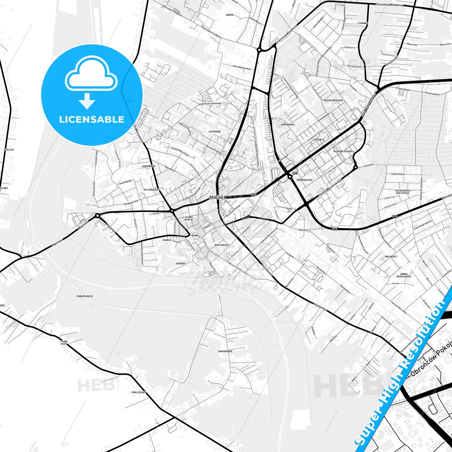 Mielec, Poland Light Map with Street Names, City Names, and Districts