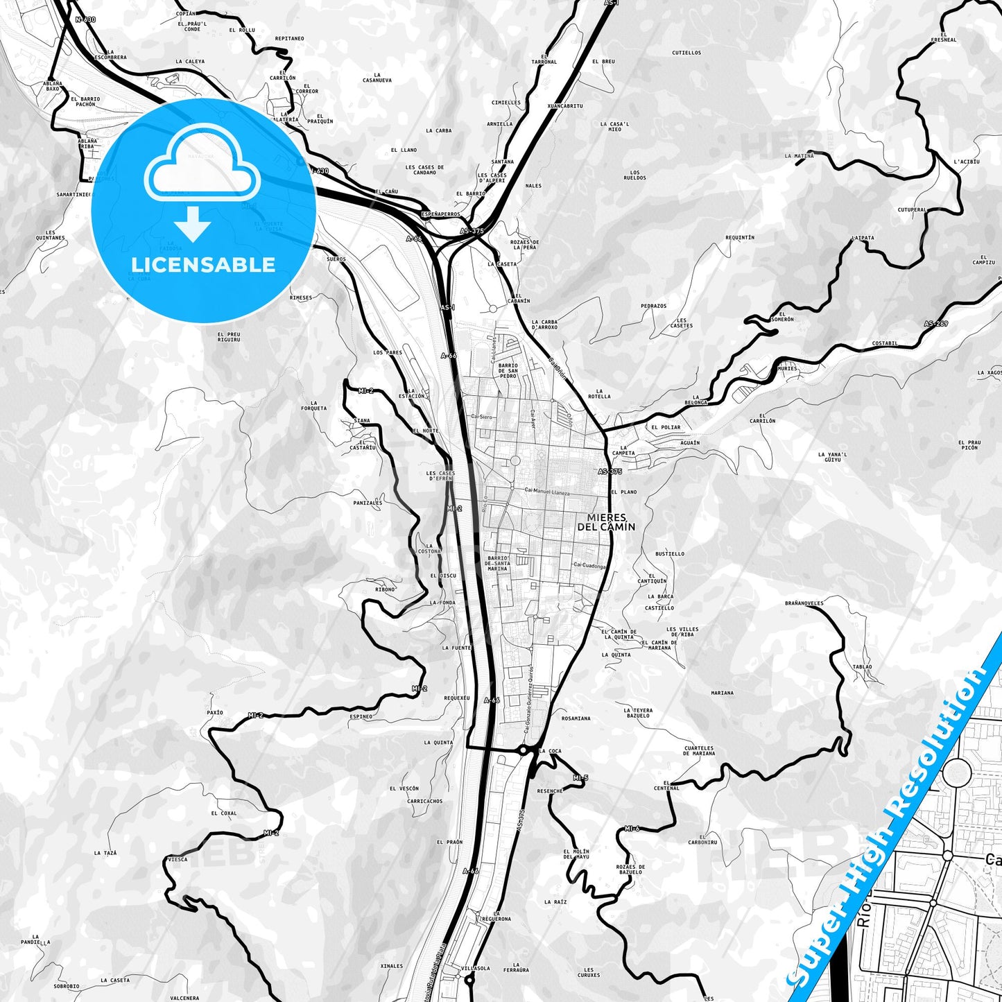 Mieres, Spain Light Map with Street Names, City Names, and Districts