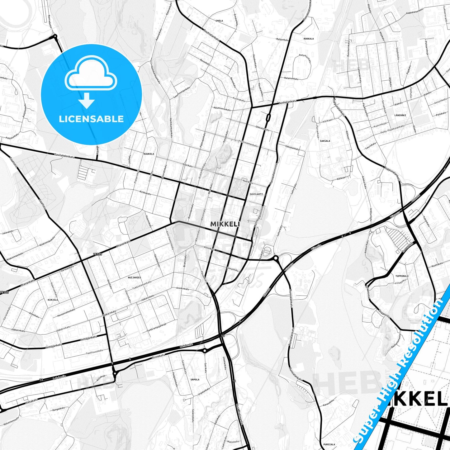 Mikkeli, Finland Light Map with Street Names, City Names, and Districts
