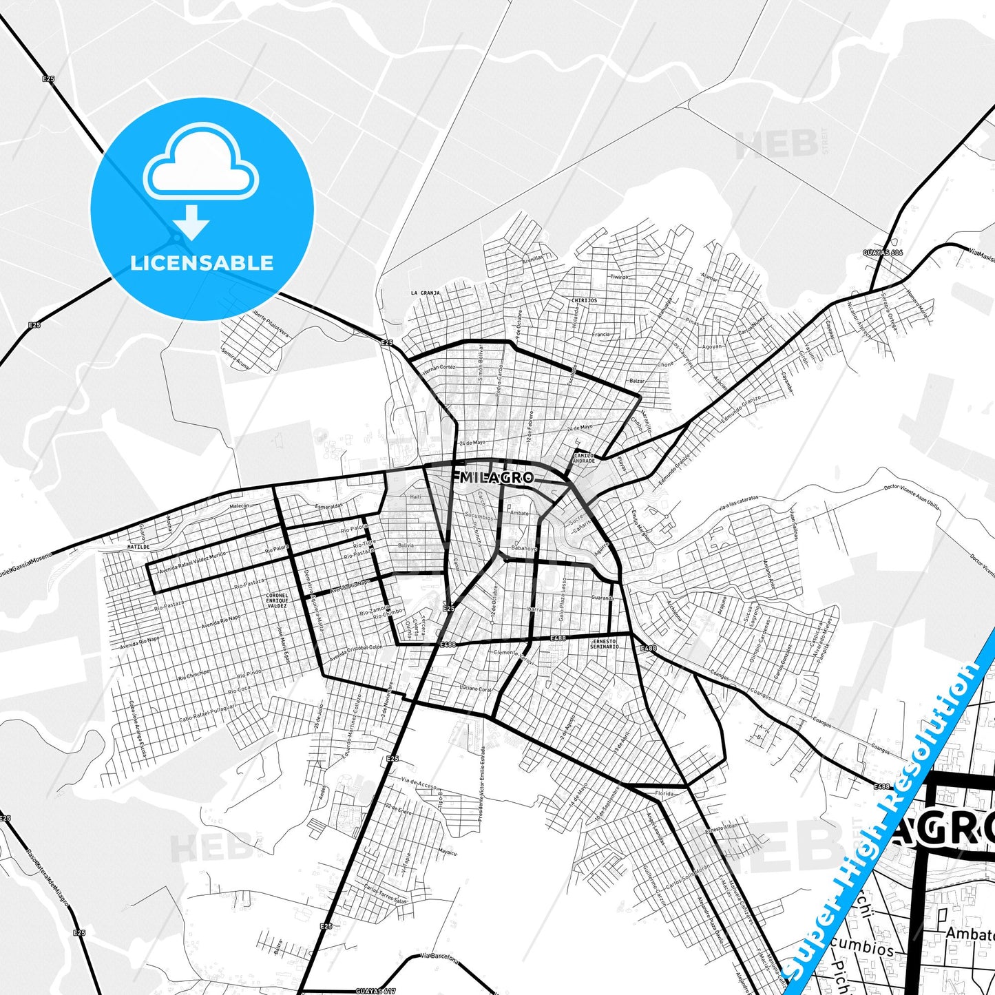 Milagro, Ecuador Light Map with Street Names, City Names, and Districts