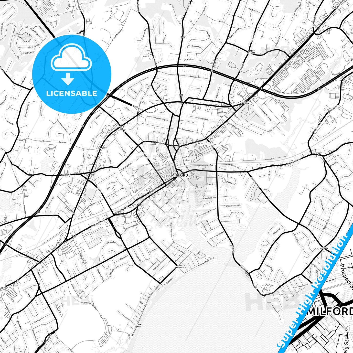 Milford, Connecticut Light Map with Street Names, City Names, and Districts