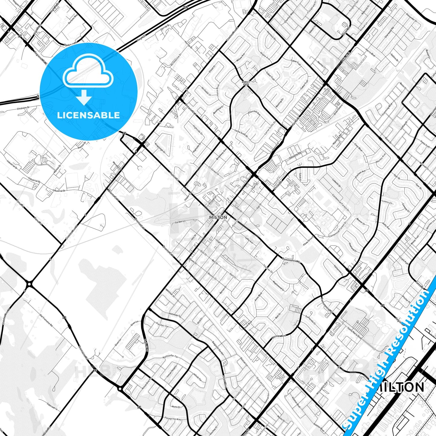 Milton, Canada Light Map with Street Names, City Names, and Districts
