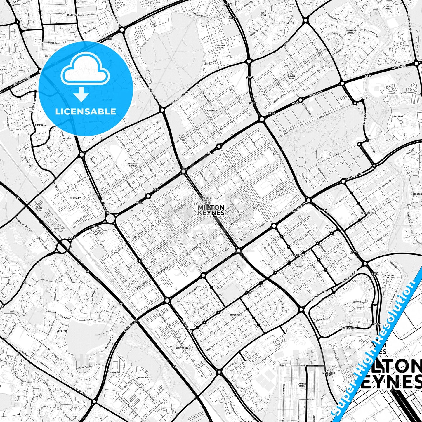 Milton Keynes, England Light Map with Street Names, City Names, and Districts