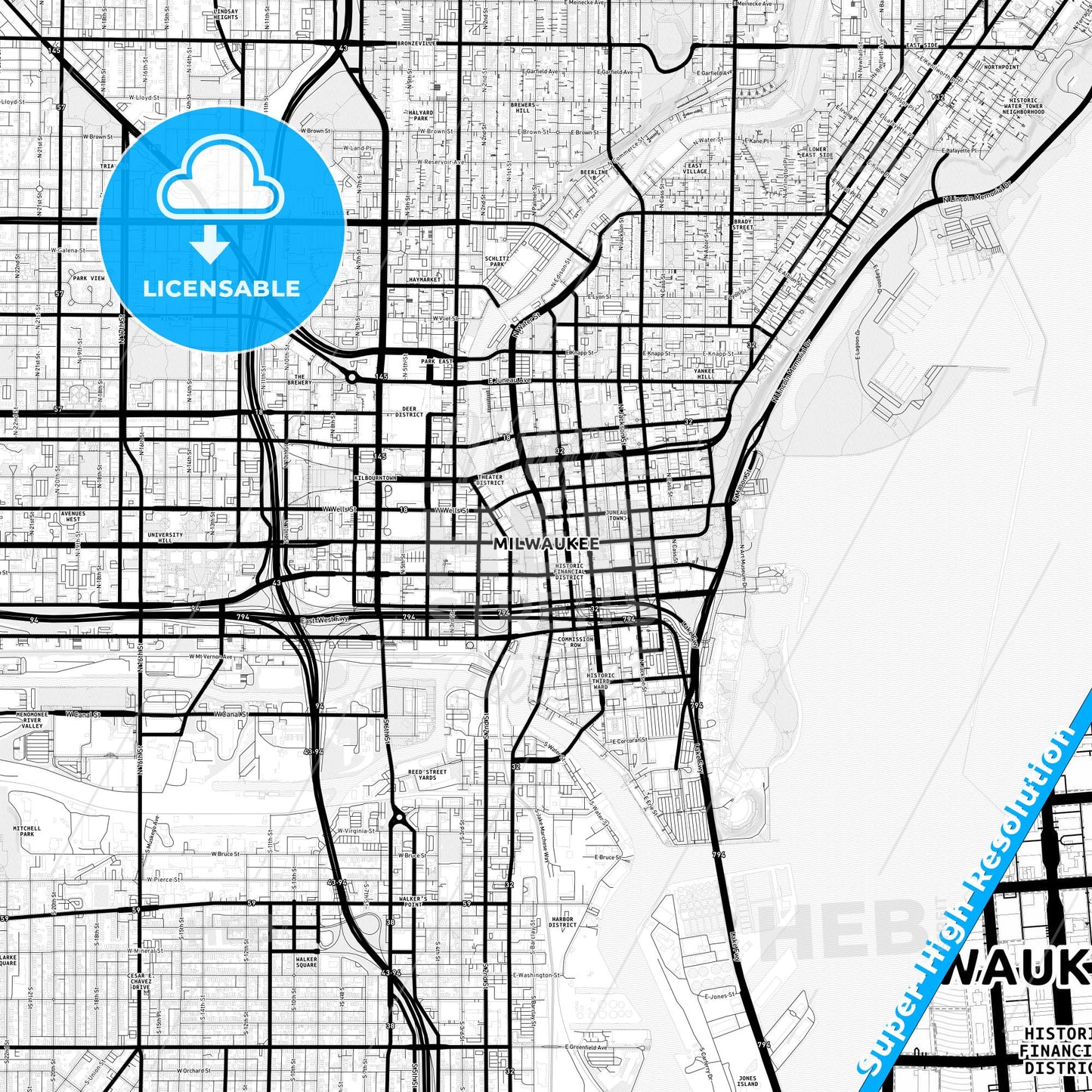 Milwaukee, Wisconsin Light Map with Street Names, City Names, and Districts