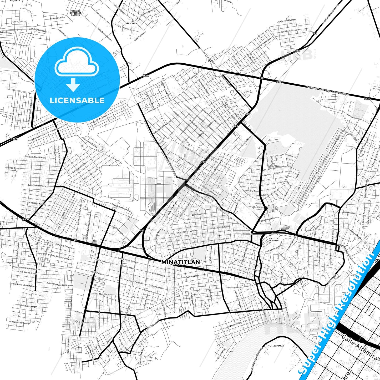 Minatitlán, Mexico Light Map with Street Names, City Names, and Districts