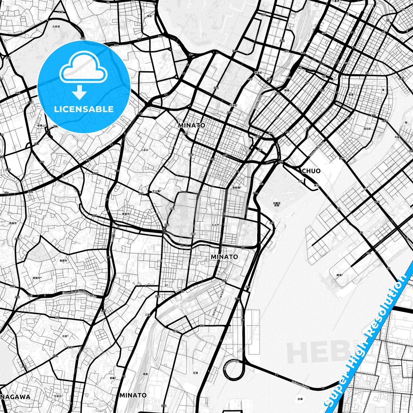 Minato, Japan Light Map with Street Names, City Names, and Districts