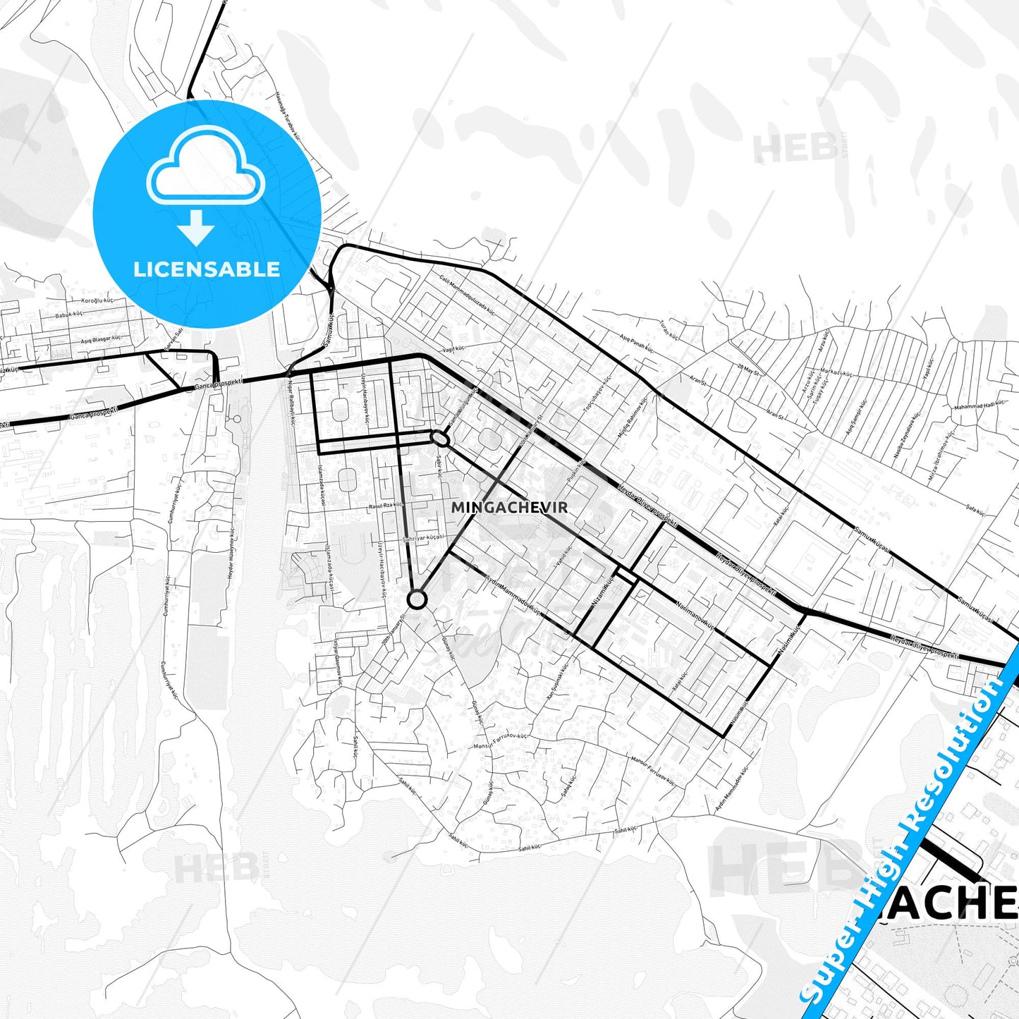 Mingachevir, Azerbaijan Light Map with Street Names, City Names, and Districts