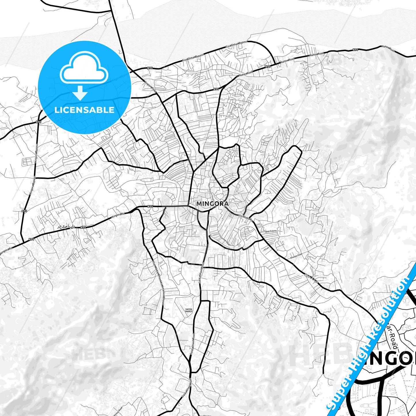 Mingora, Pakistan Light Map with Street Names, City Names, and Districts