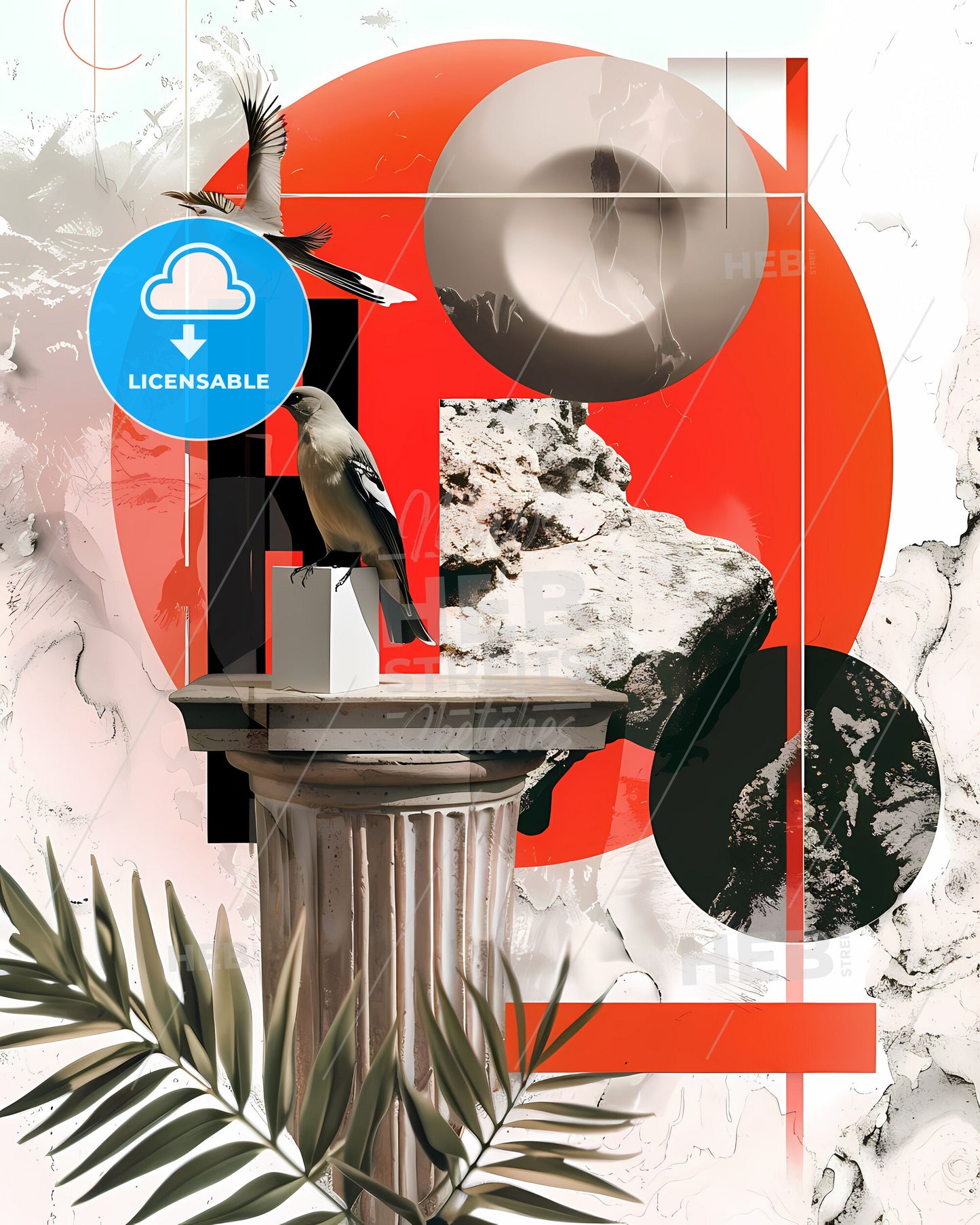 Vivid Contemporary Collage Art: Bird on Pedestal