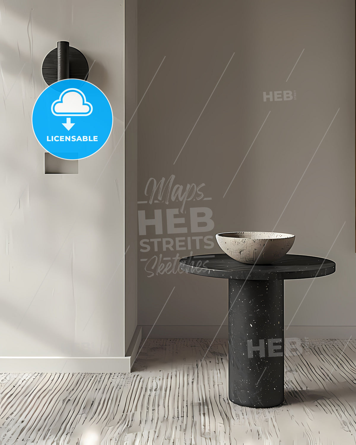Hyper-Realistic Minimalist Side Table: Concrete Bowl, Wall Light, Gray Carpet, Painting Focal Point