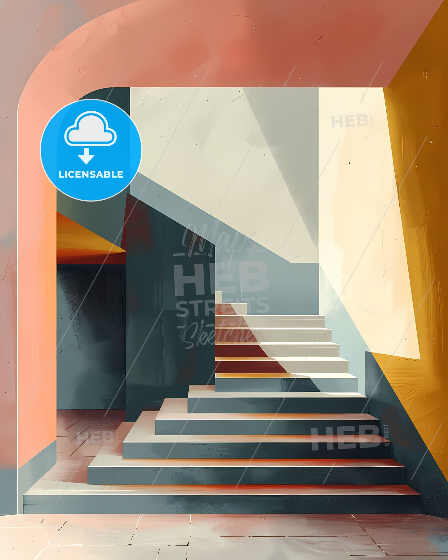 Modern Abstract Staircase Architecture Poster Design, Geometric Shapes, Clean Lines, Vibrant Painting, Art