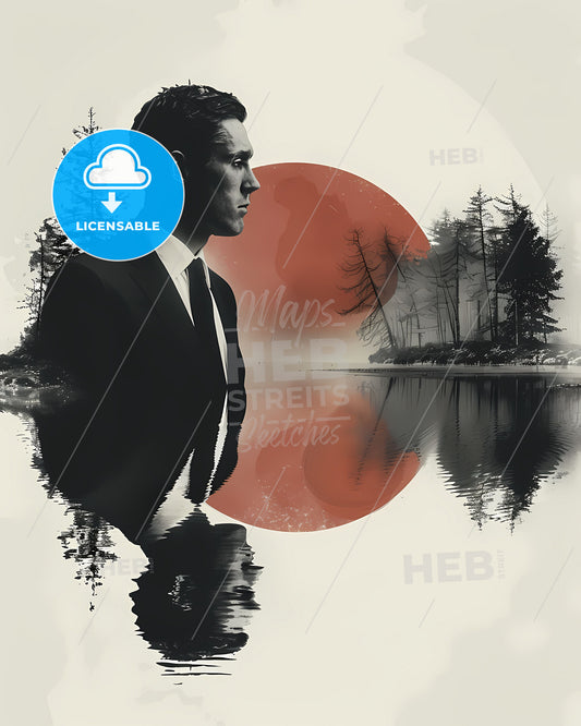 Modern art poster background with a man in a suit standing in water, surrounded by trees and a red circle, showcasing the vibrant and artistic elements of the painting.