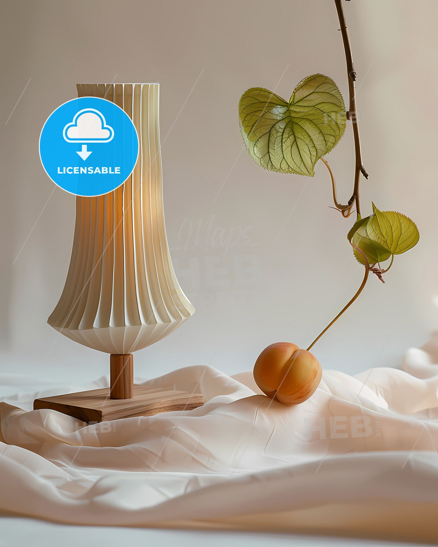Minimalist Artistic Still Life: Warm Beige, Pale Yellow, Single Flower, White Background, Lamp, Fruit, Painting