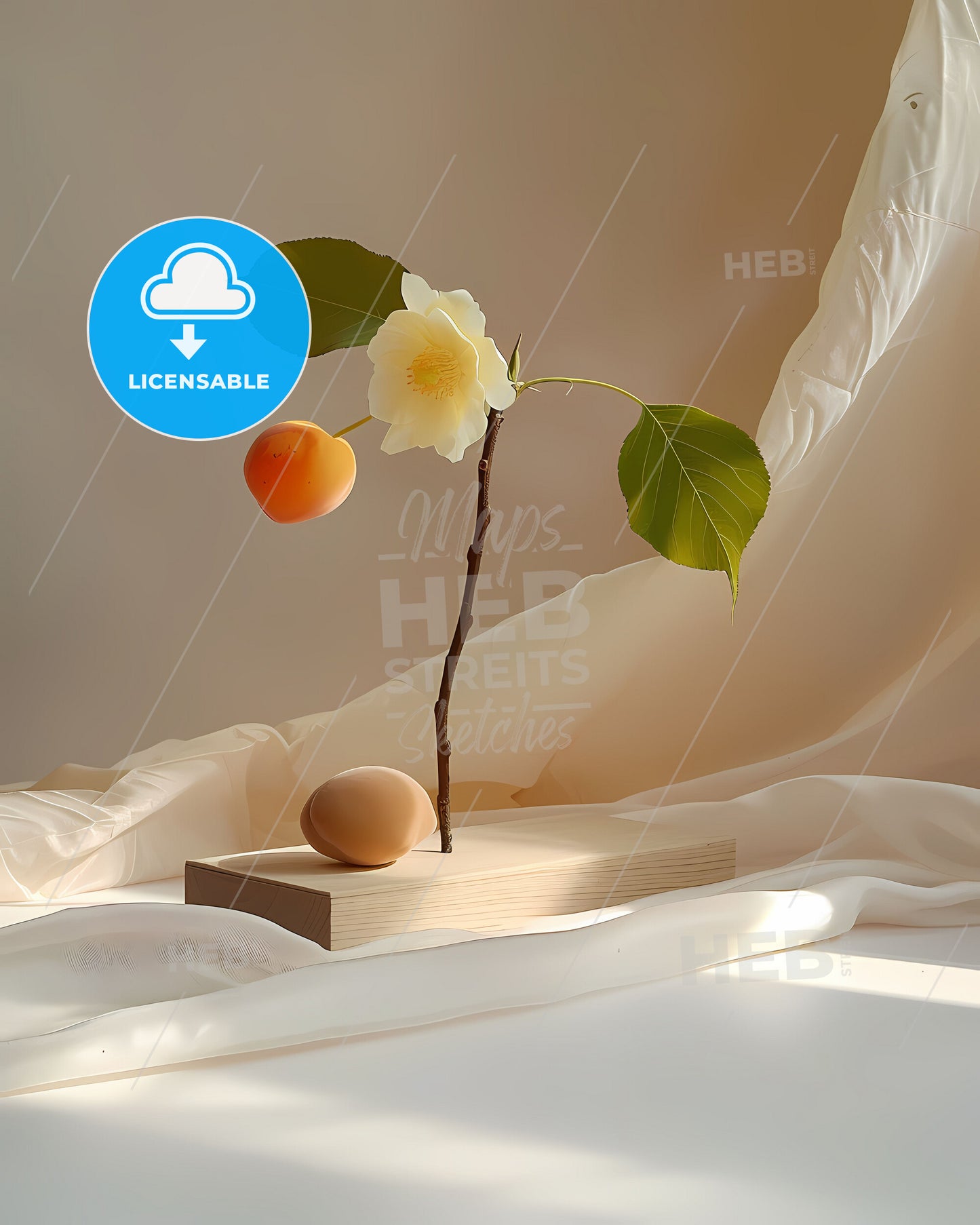 Minimalist Still Life: Vibrant Flower Painting, Warm Beige and Yellow, Single Blossom, White Background, Art Focus
